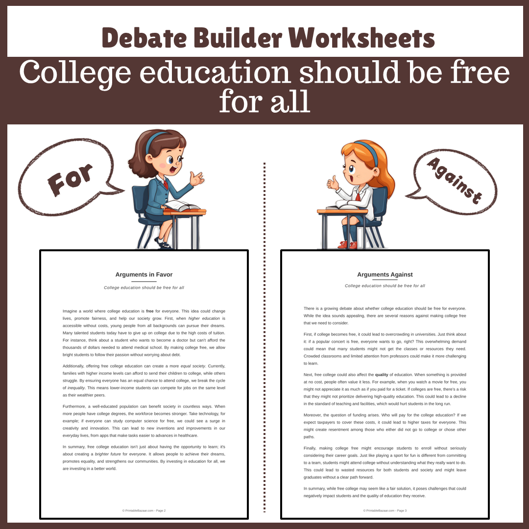 College education should be free for all | Favour and Against Worksheet Printable Activity