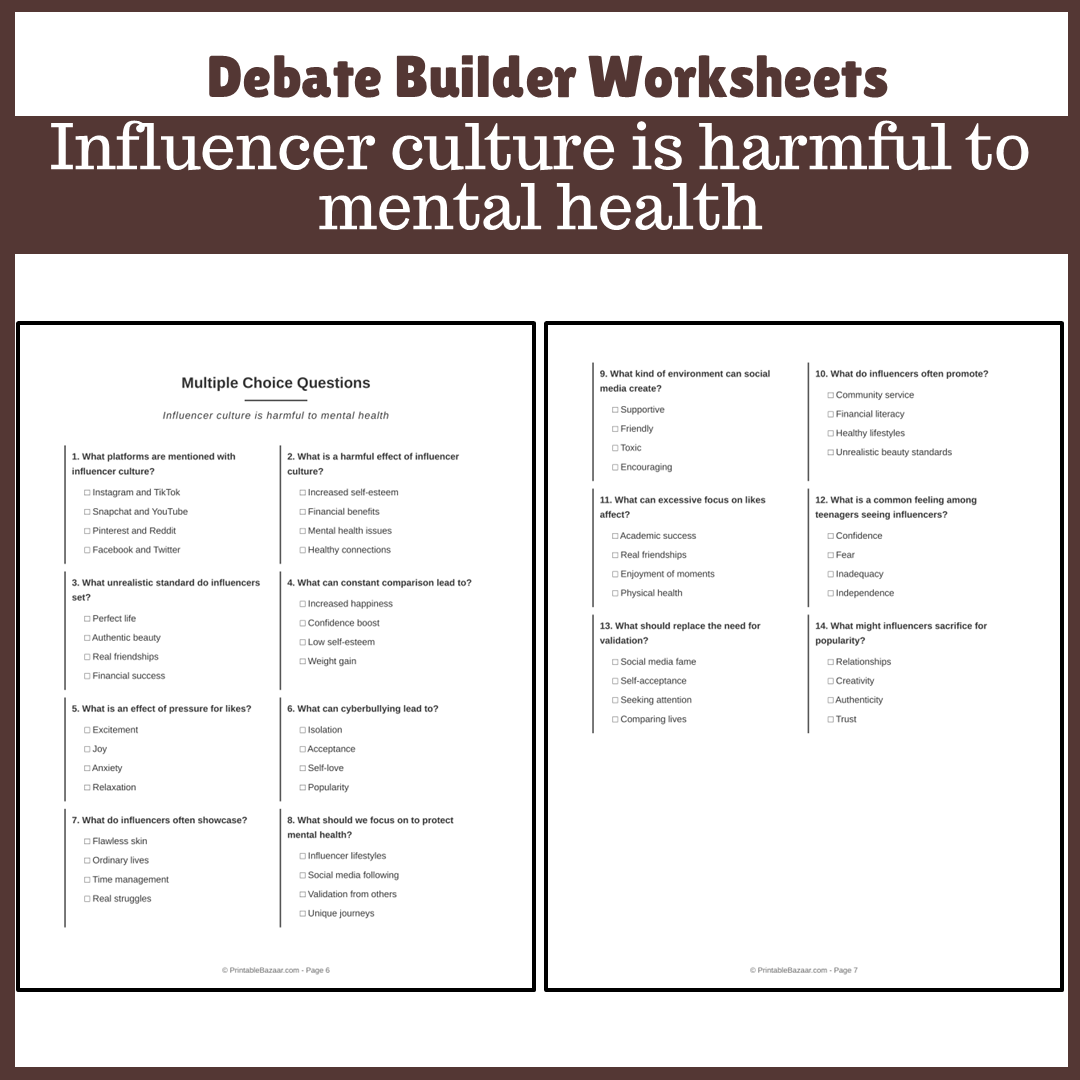 Influencer culture is harmful to mental health | Favour and Against Worksheet Printable Activity