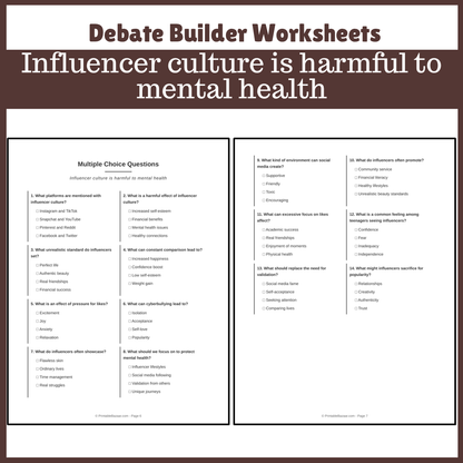Influencer culture is harmful to mental health | Favour and Against Worksheet Printable Activity