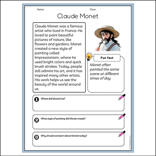 Claude Monet | Reading Passage Comprehension Questions Writing Facts Worksheet