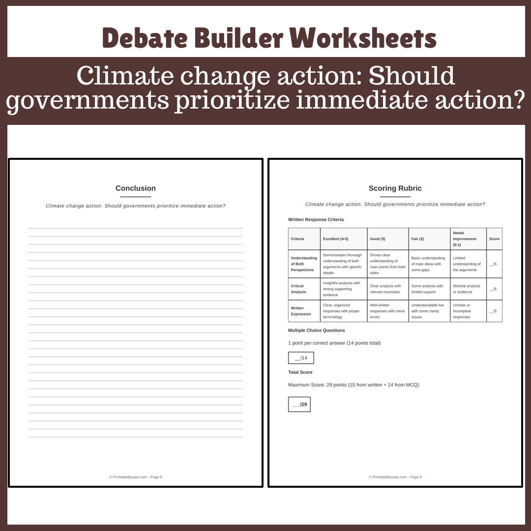 Climate change action: Should governments prioritize immediate action? | Favour and Against Worksheet Printable Activity