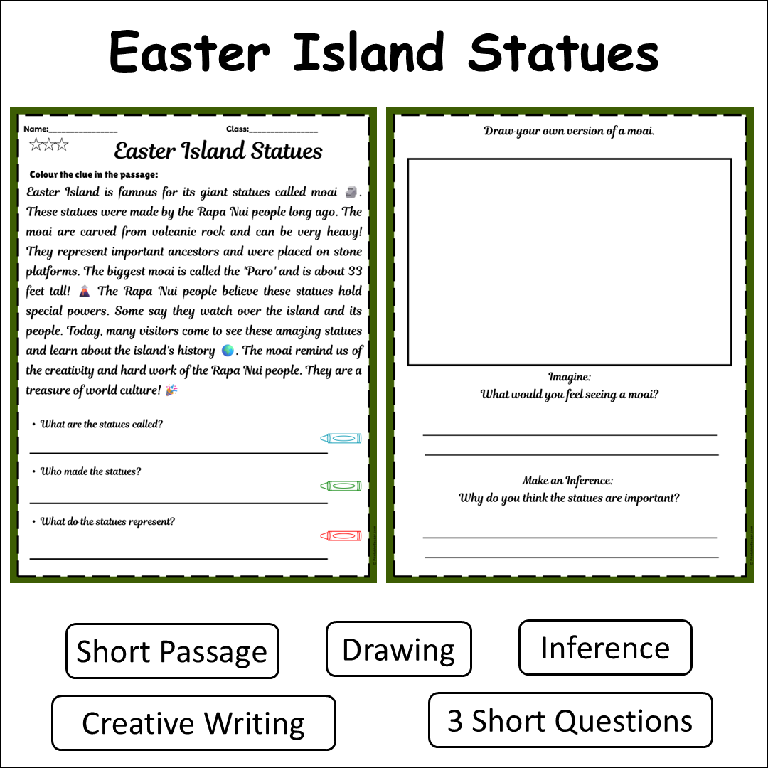 Easter Island Statues | Short Reading Comprehension Creative Worksheet