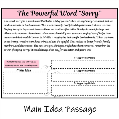 The Powerful Word “Sorry” | Main Idea and Supporting Details Reading Passage and Questions