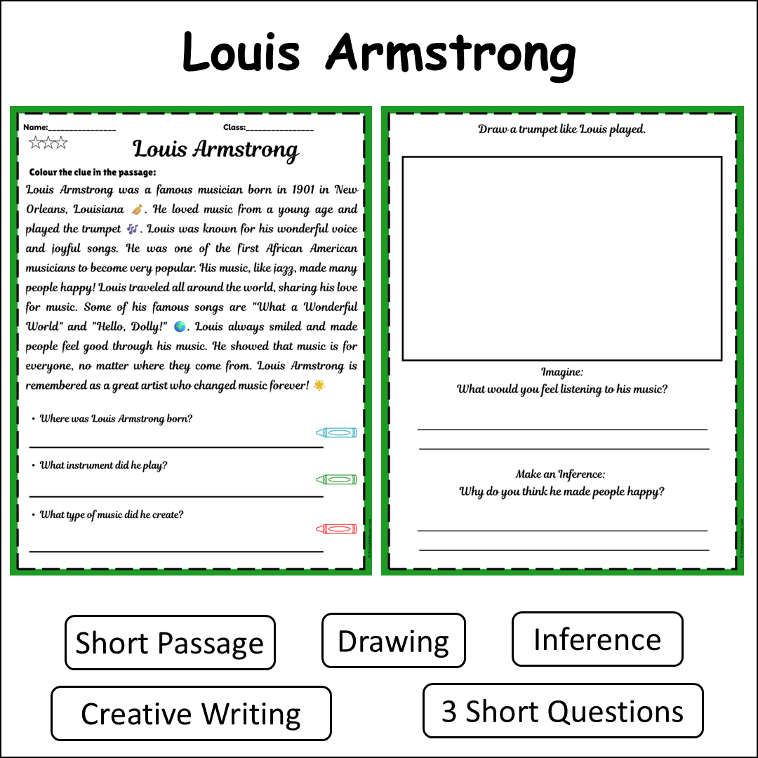 Louis Armstrong | Short Reading Comprehension Creative Worksheet