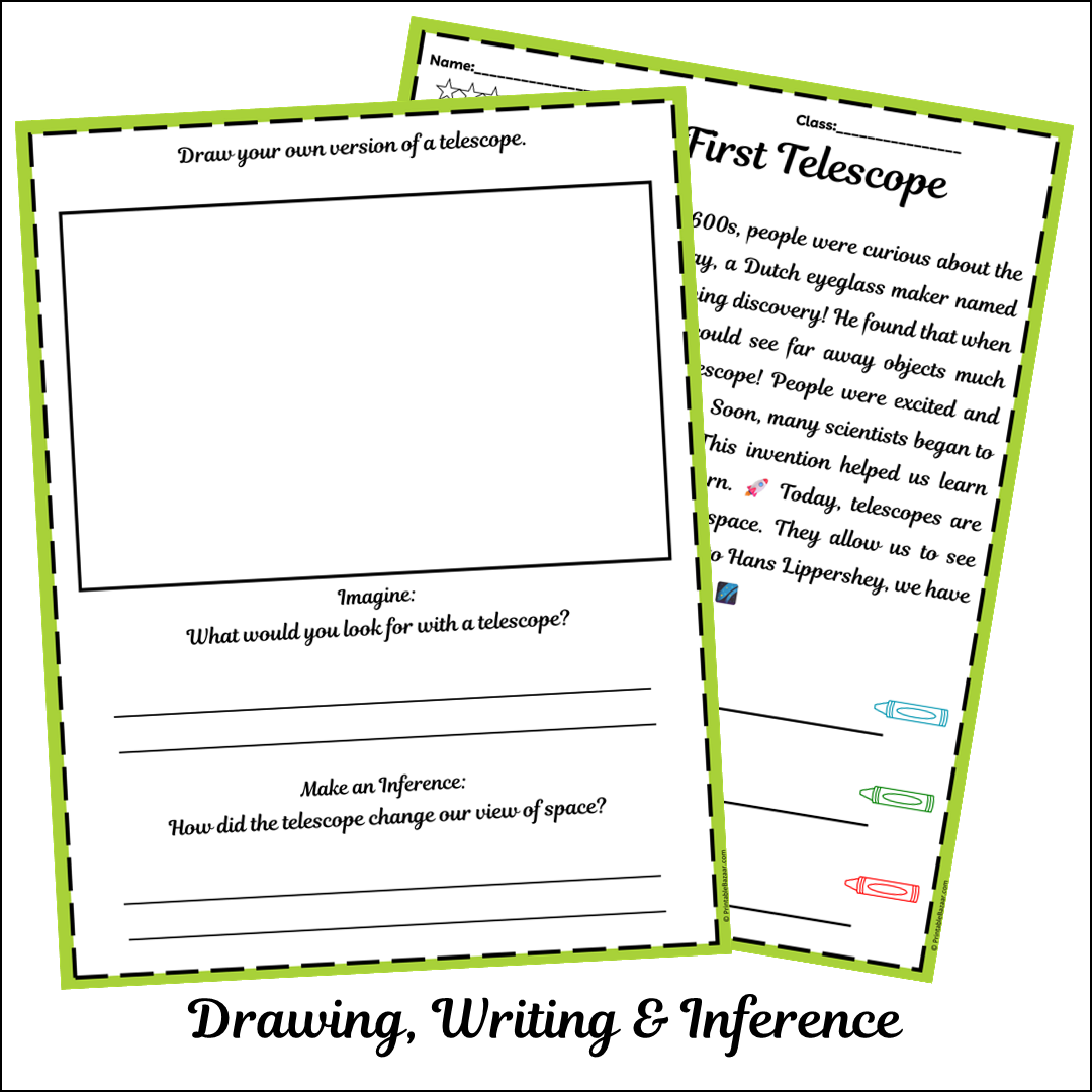 The First Telescope | Short Reading Comprehension Creative Worksheet