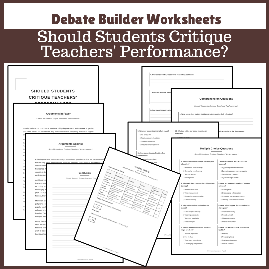 Should Students Critique Teachers' Performance? | Favour and Against Worksheet Printable Activity