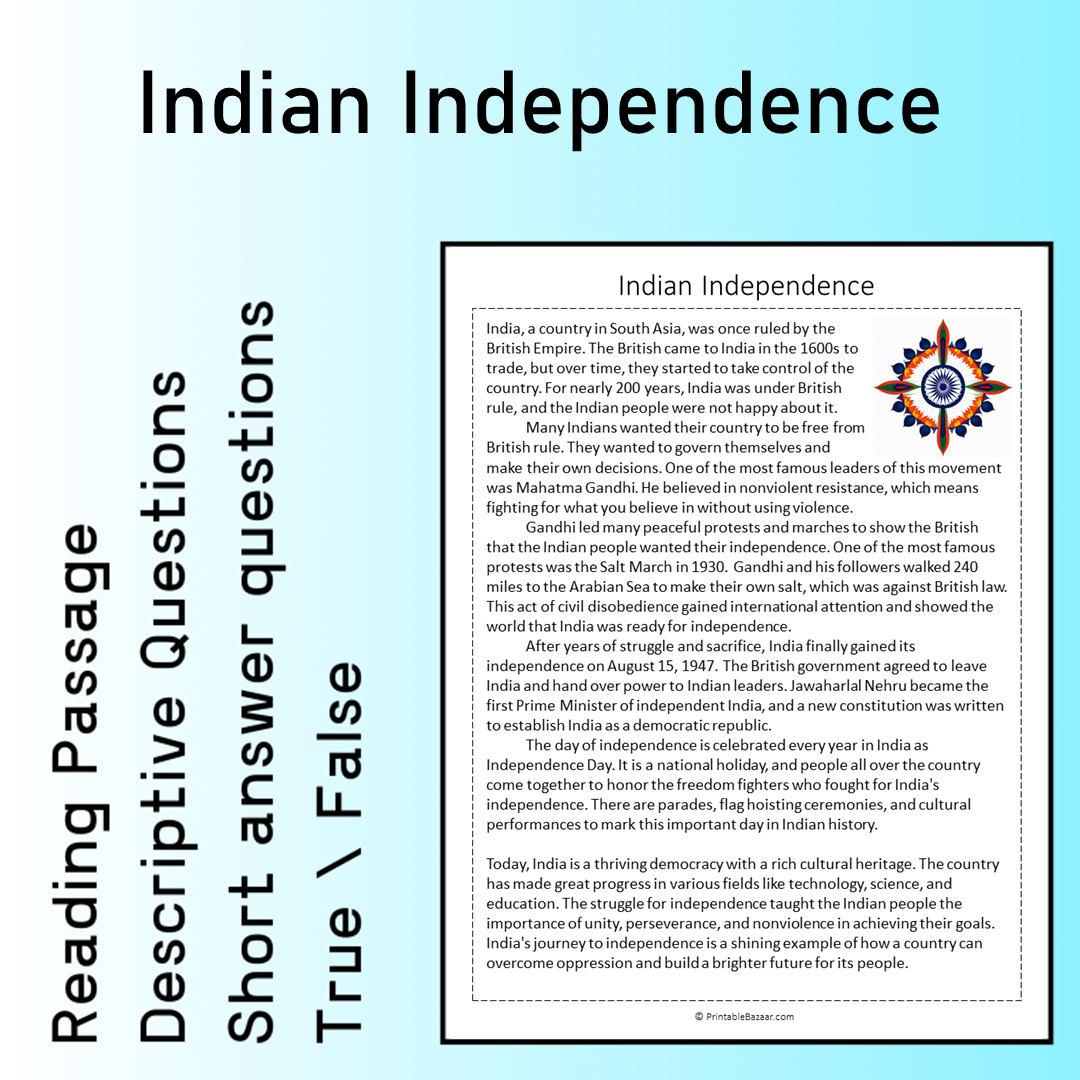 Indian Independence | Reading Comprehension Passage Printable Worksheet