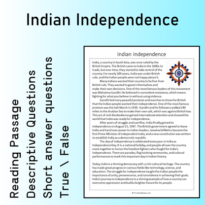 Indian Independence | Reading Comprehension Passage Printable Worksheet