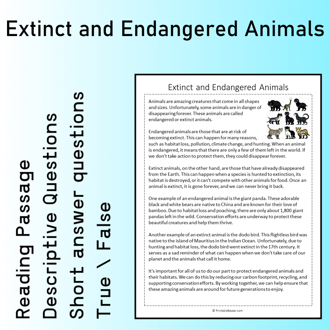 Extinct and Endangered Animals | Reading Comprehension Passage Printable Worksheet