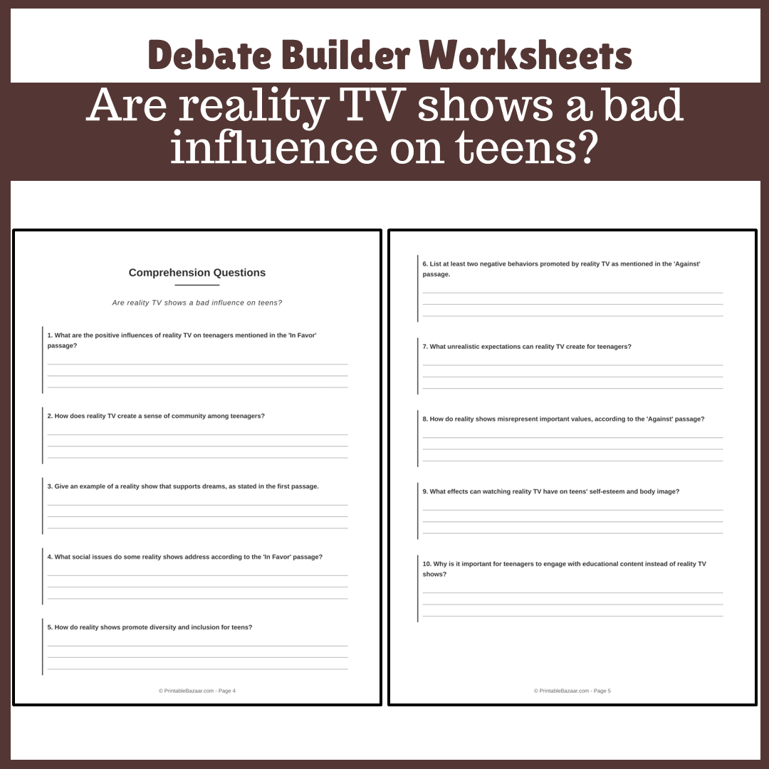 Are reality TV shows a bad influence on teens? | Favour and Against Worksheet Printable Activity