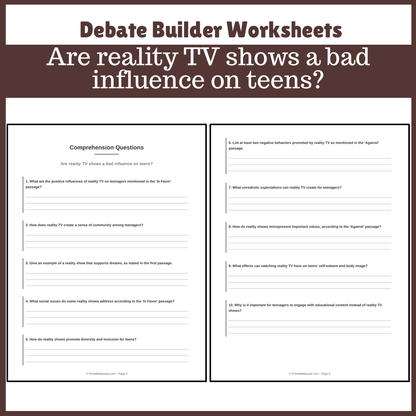 Are reality TV shows a bad influence on teens? | Favour and Against Worksheet Printable Activity