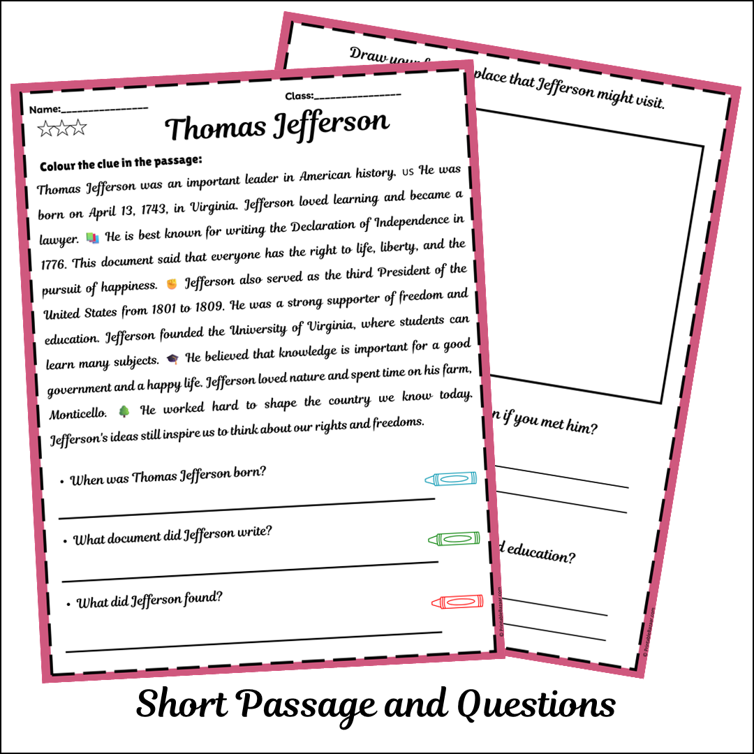 Thomas Jefferson | Short Reading Comprehension Creative Worksheet