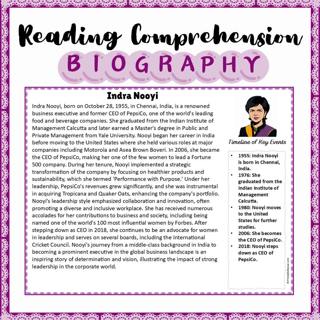 Indra Nooyi | Biography Reading Comprehension and Questions Worksheet