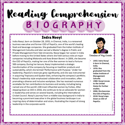 Indra Nooyi | Biography Reading Comprehension and Questions Worksheet