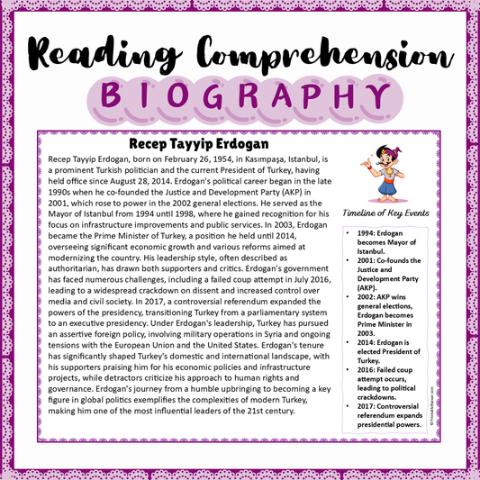 Recep Tayyip Erdogan | Biography Reading Comprehension and Questions Worksheet