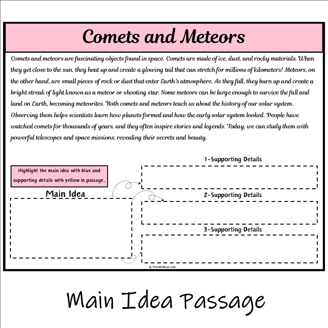 Comets and Meteors | Main Idea and Supporting Details Reading Passage and Questions