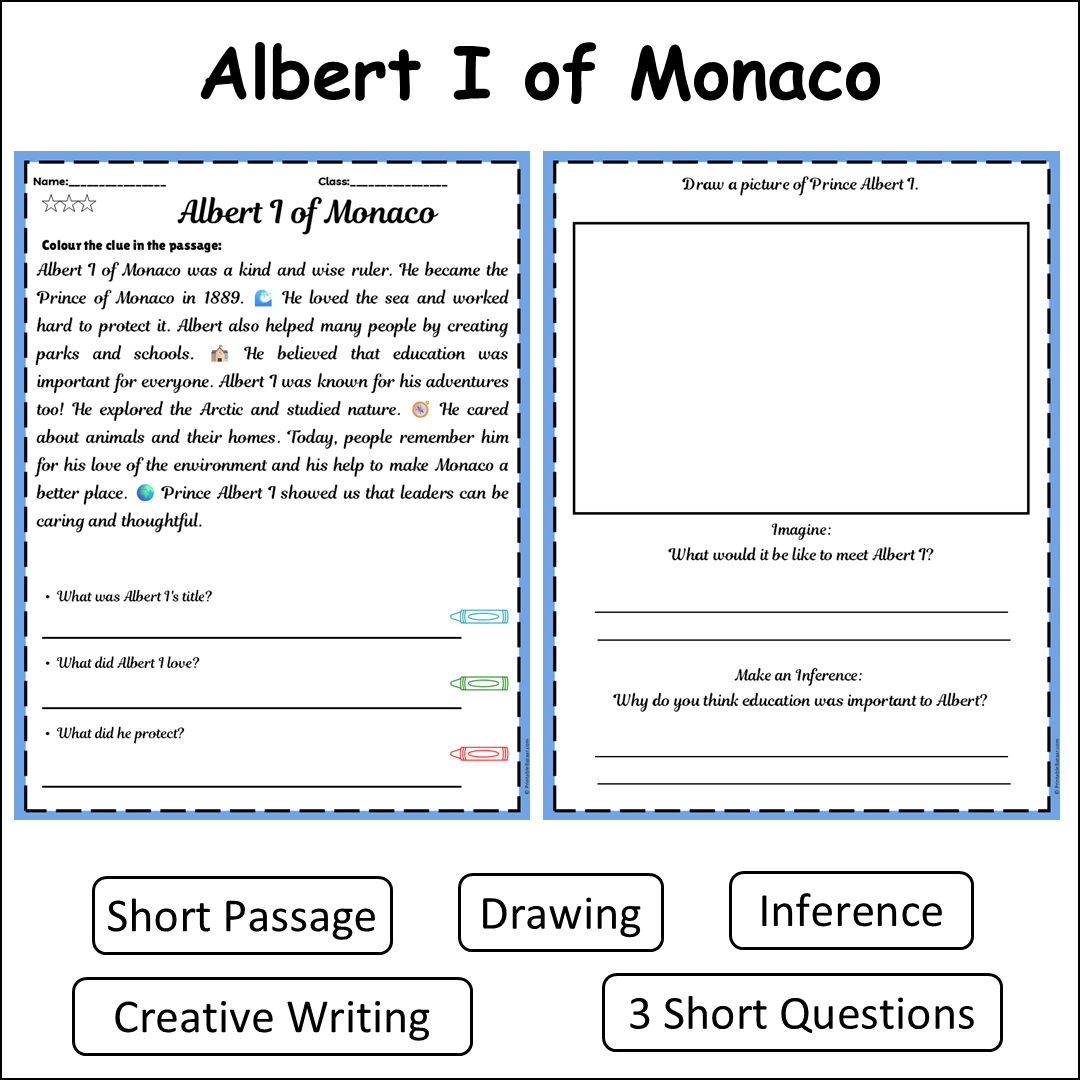 Albert I of Monaco | Short Reading Comprehension Creative Worksheet