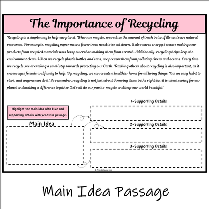 The Importance of Recycling | Main Idea and Supporting Details Reading Passage and Questions