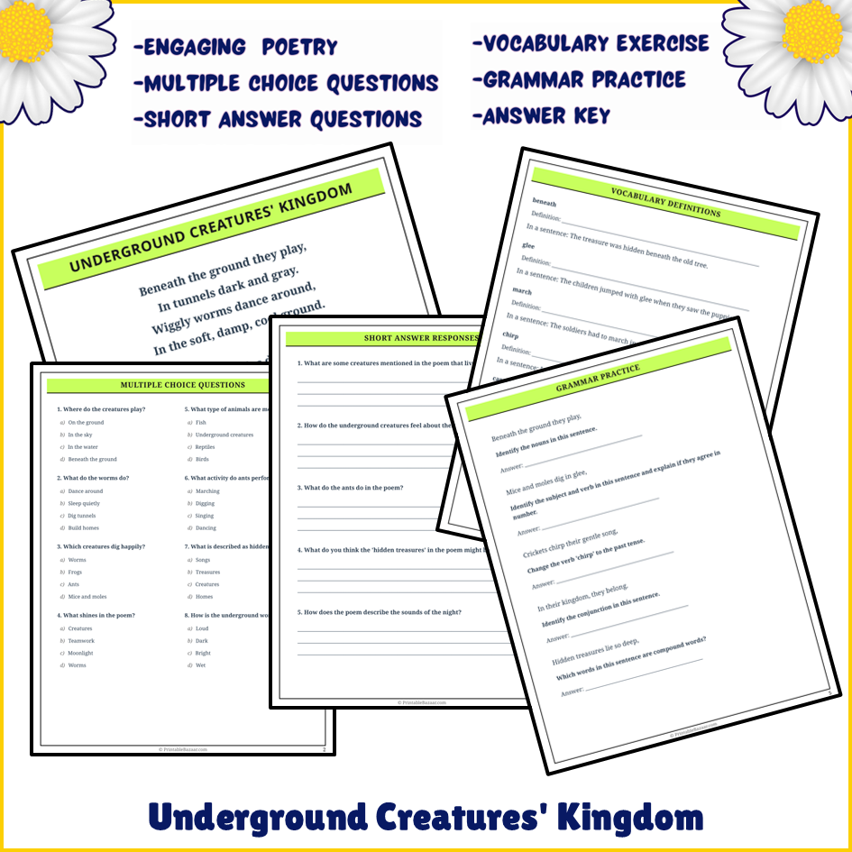 Underground Creatures' Kingdom | Poem Grammar Worksheet Printable Activity