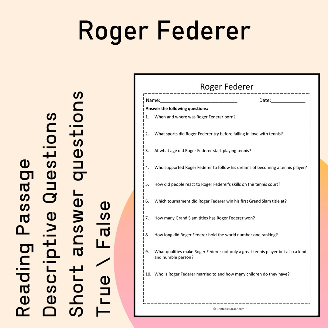 Roger Federer | Reading Comprehension Passage Printable Activity