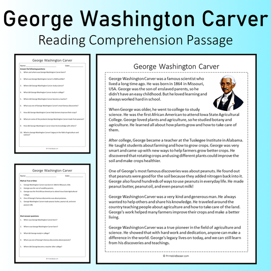 George Washington Carver | Reading Comprehension Passage Printable Worksheet