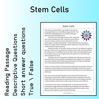 Stem Cells | Reading Comprehension Passage Printable Worksheet