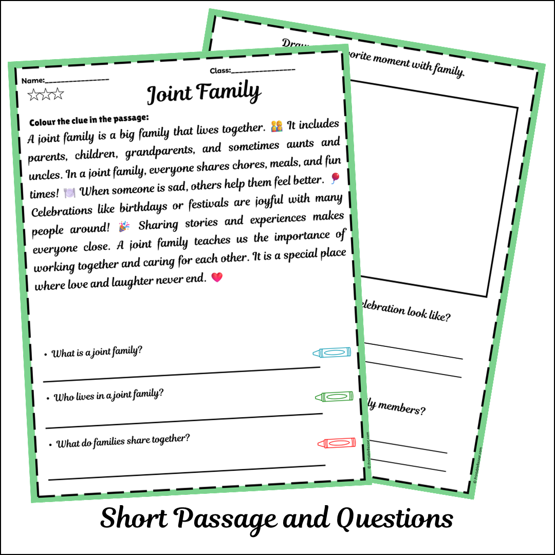 Joint Family | Short Reading Comprehension Creative Worksheet