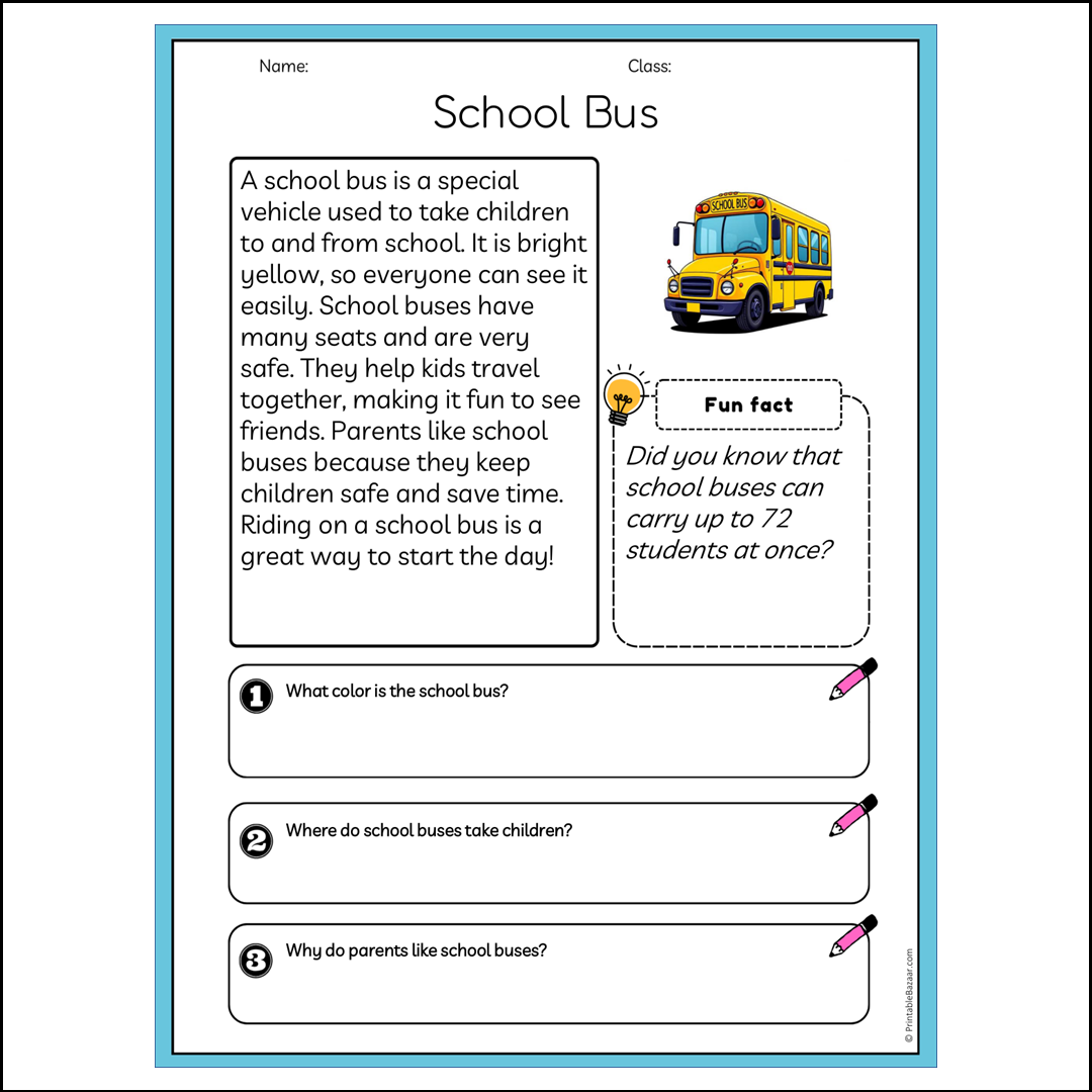 School Bus | Reading Passage Comprehension Questions Writing Facts Worksheet