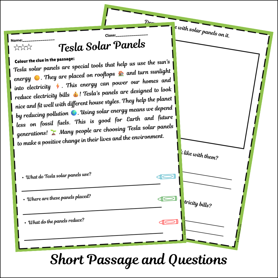 Tesla Solar Panels | Short Reading Comprehension Creative Worksheet