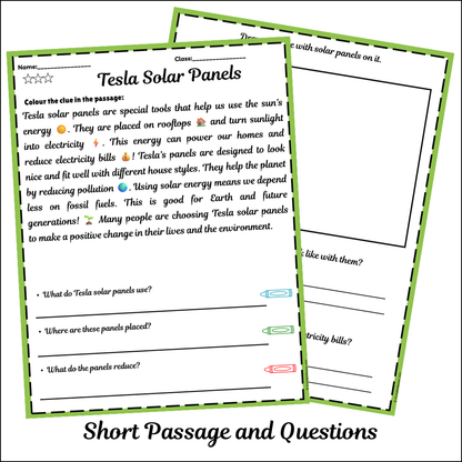 Tesla Solar Panels | Short Reading Comprehension Creative Worksheet