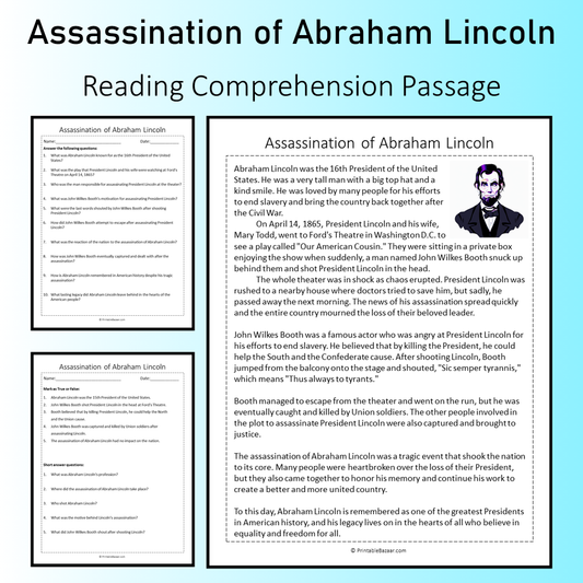 Assassination of Abraham Lincoln | Reading Comprehension Passage Printable Worksheet