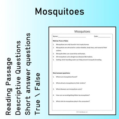 Mosquitoes | Reading Comprehension Passage Printable Worksheet