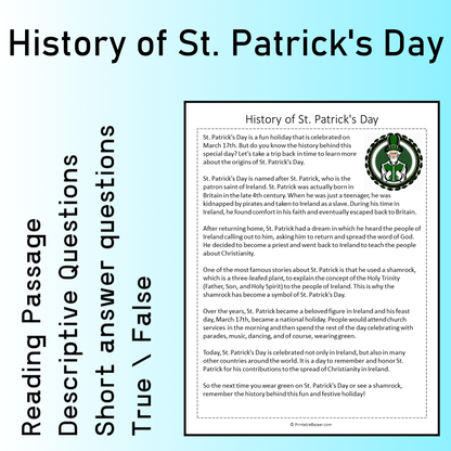 History of St. Patrick's Day | Reading Comprehension Passage Printable Worksheet