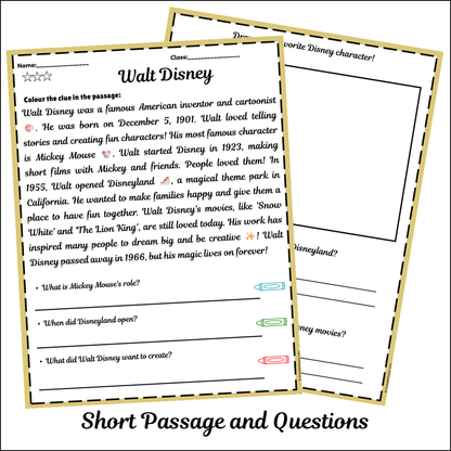 Walt Disney | Short Reading Comprehension Creative Worksheet