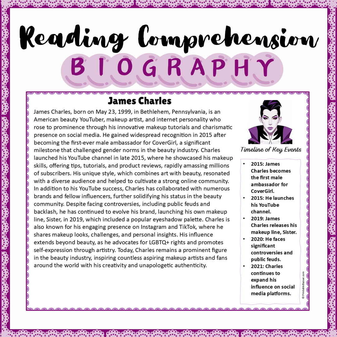 James Charles | Biography Reading Comprehension and Questions Worksheet