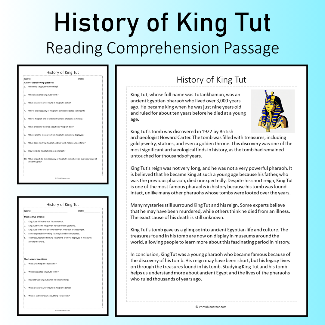 History of King Tut | Reading Comprehension Passage Printable Worksheet