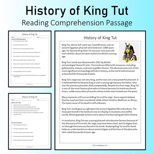 History of King Tut | Reading Comprehension Passage Printable Worksheet