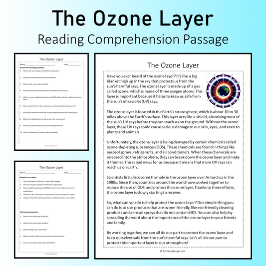 The Ozone Layer | Reading Comprehension Passage Printable Worksheet