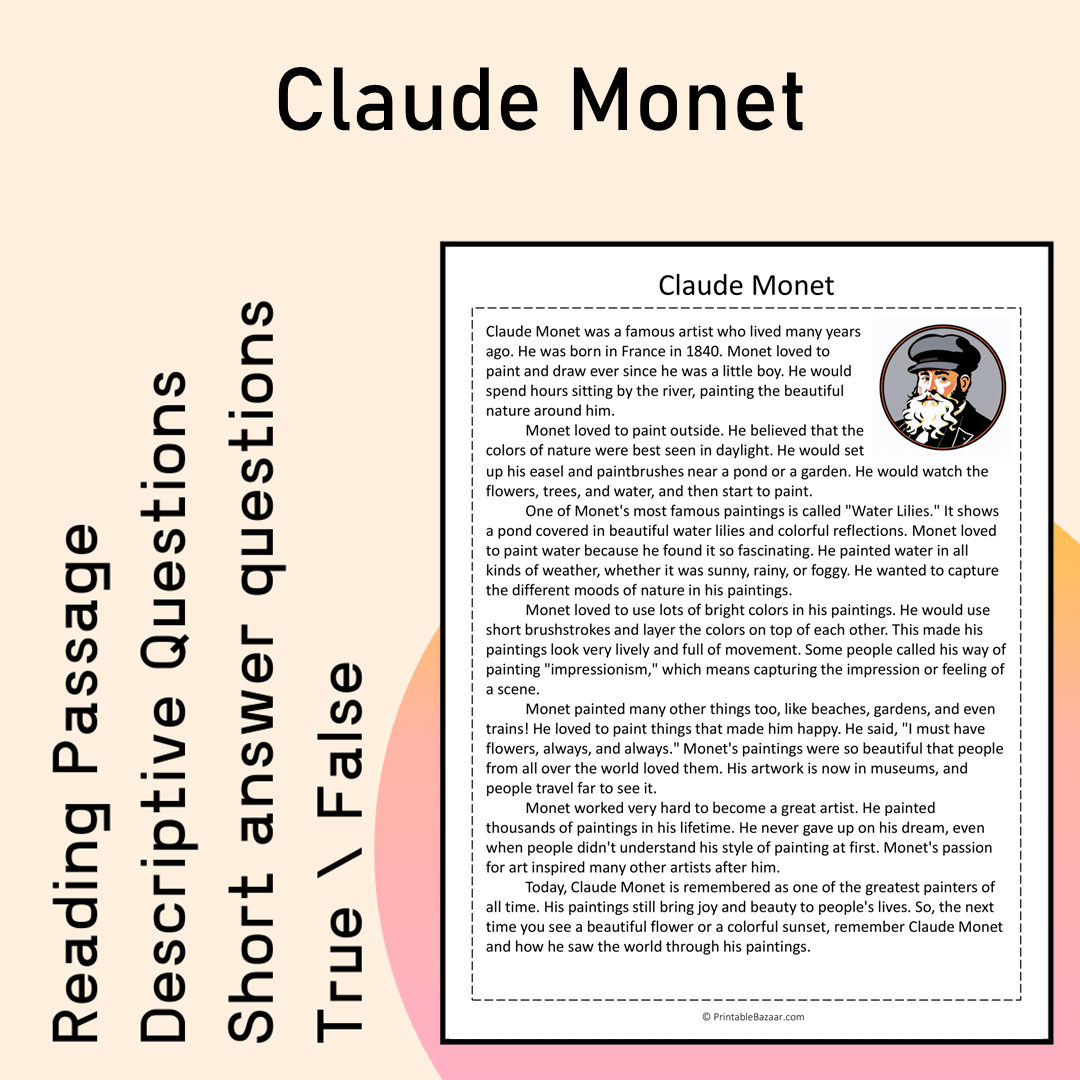 Claude Monet | Reading Comprehension Passage Printable Activity
