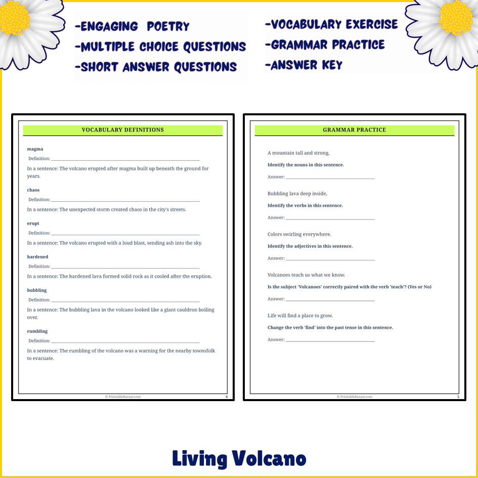 Living Volcano | Poem Grammar Worksheet Printable Activity