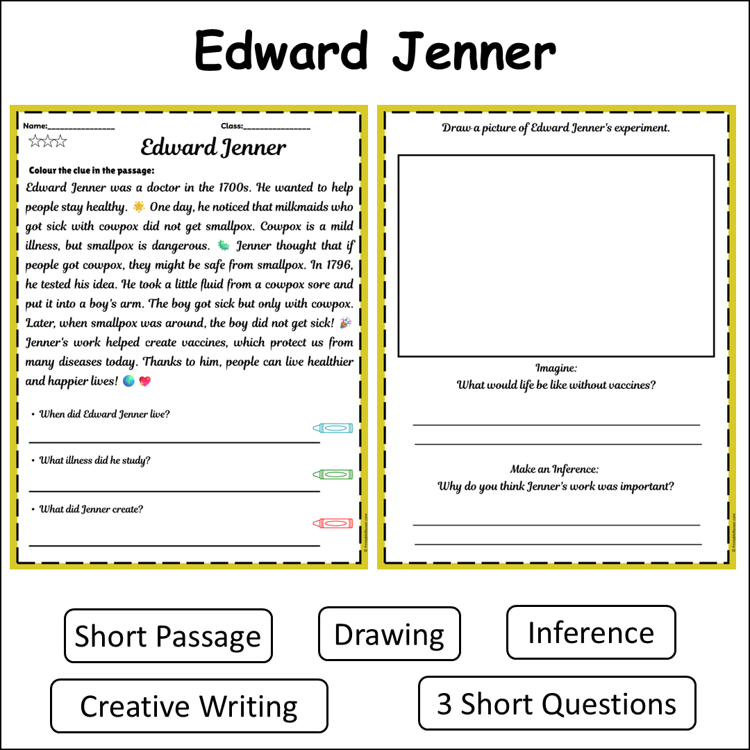 Edward Jenner | Short Reading Comprehension Creative Worksheet
