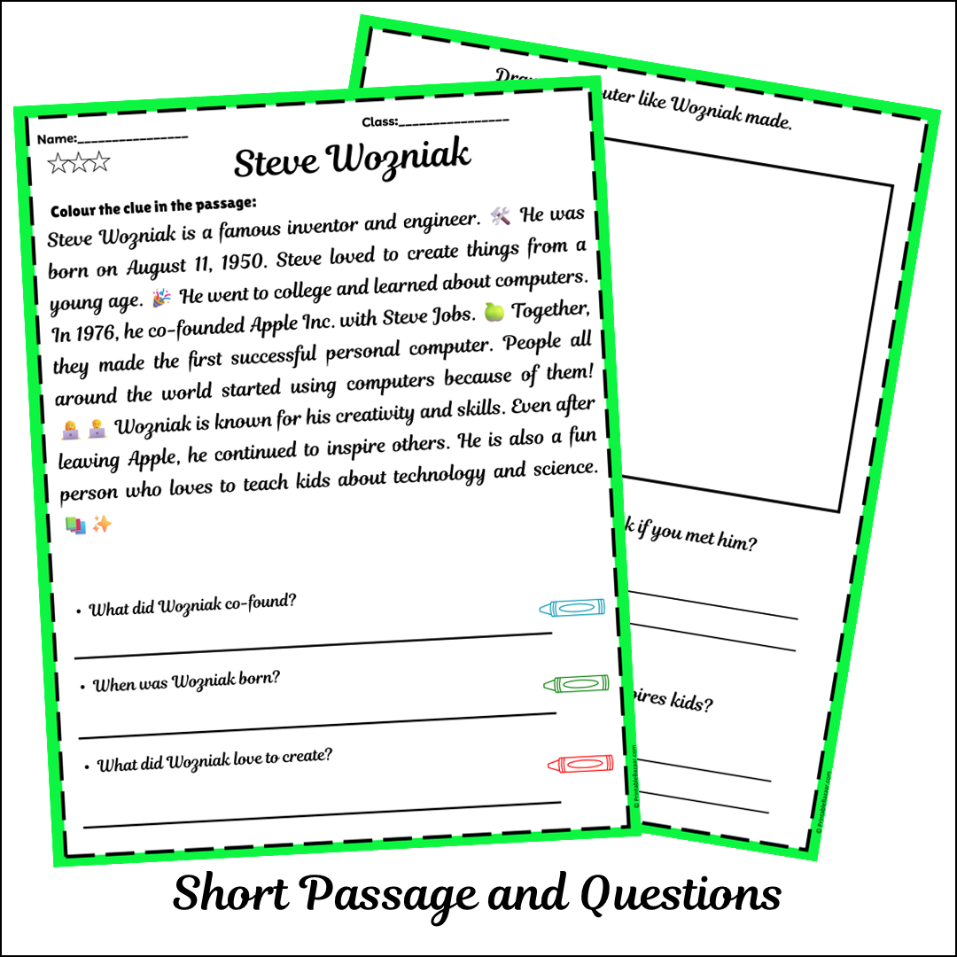 Steve Wozniak | Short Reading Comprehension Creative Worksheet