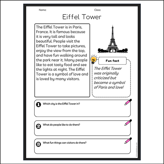 Eiffel Tower | Reading Passage Comprehension Questions Writing Facts Worksheet