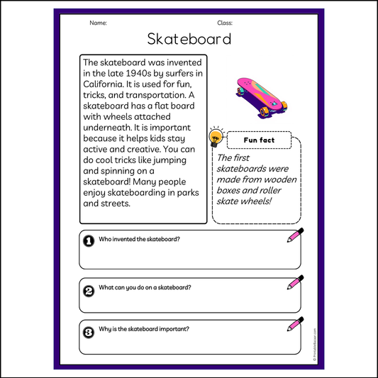 Skateboard | Reading Passage Comprehension Questions Writing Facts Worksheet