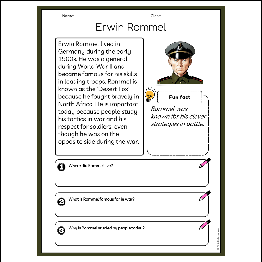 Erwin Rommel | Reading Passage Comprehension Questions Writing Facts Worksheet