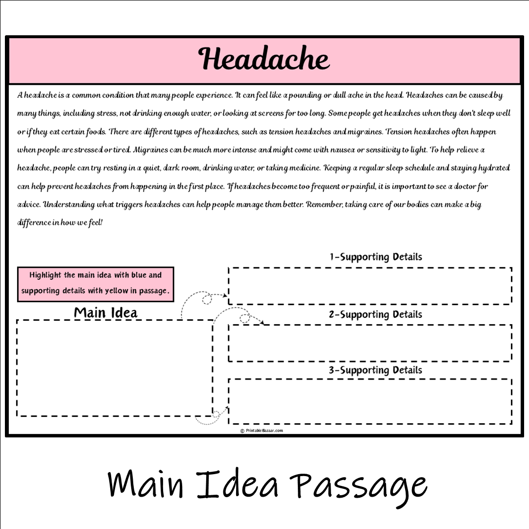 Headache | Main Idea and Supporting Details Reading Passage and Questions