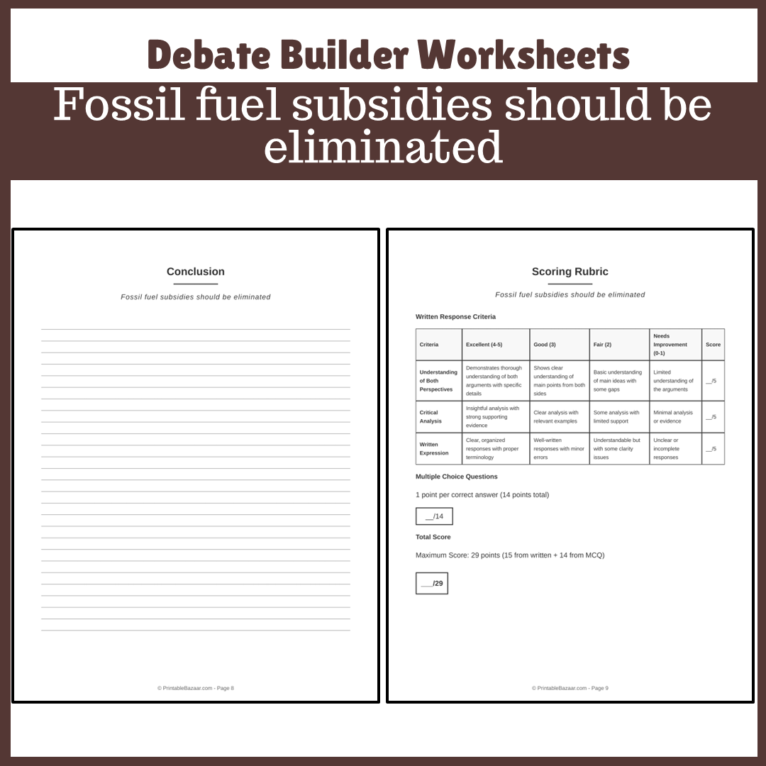 Fossil fuel subsidies should be eliminated | Favour and Against Worksheet Printable Activity