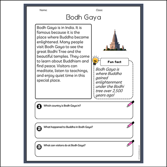 Bodh Gaya | Reading Passage Comprehension Questions Writing Facts Worksheet