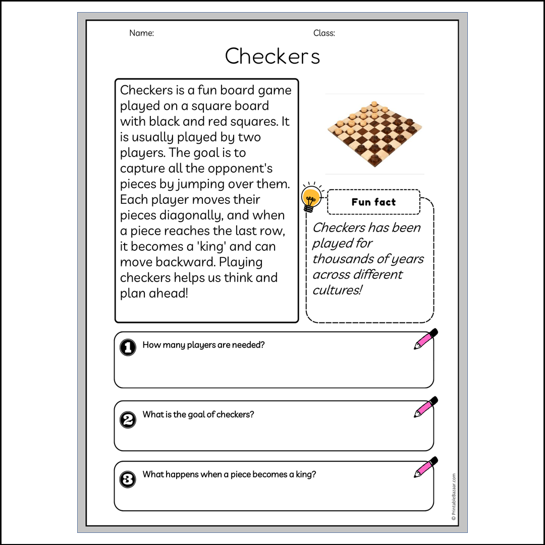 Checkers | Reading Passage Comprehension Questions Writing Facts Worksheet