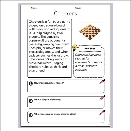 Checkers | Reading Passage Comprehension Questions Writing Facts Worksheet